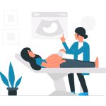 Ostetrica esegue un’ecografia su una donna in gravidanza, spiegando i dettagli.