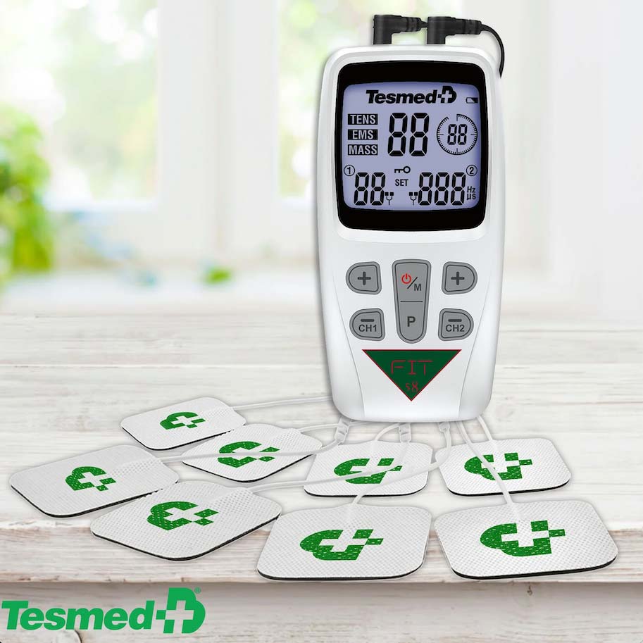 Dispositivo professionale per terapia TENS Dispositivo professionale per elettrostimolazione TENS con otto elettrodi, utilizzato per il trattamento del dolore muscolare e articolare.